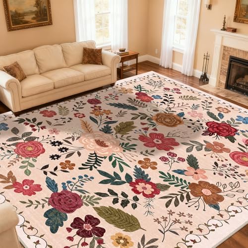Extra Large 10x14 Area Rug for Living Room, Washable Rugs for Dining Room, Bedroom, Non Slip Stain Resistant Carpet, Low Pile Vintage Floral Rug (Beige Red) by Unknown