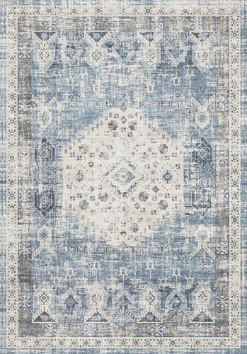 2x10 Washable Vintage Runner Rug: Non Slip Stain Resistant Rug Soft Low Pile Carpet for Hallway Kitchen Bedroom Indoor Distressed Home Decor for Pet Owners 2x10 Aqua Blue by RUUGME