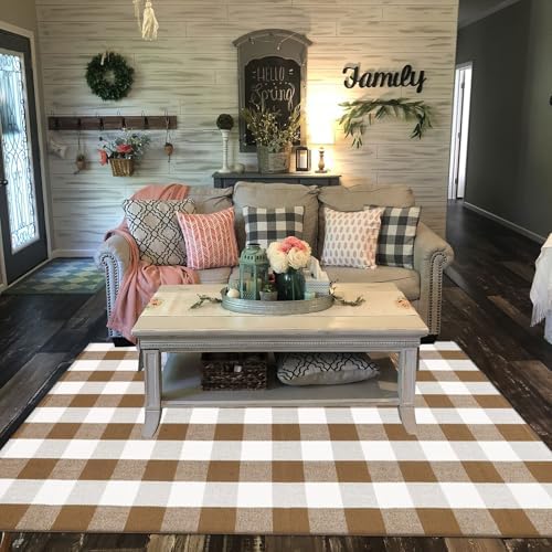 Buffalo Plaid Outdoor Rugs, 4' x 6' Brown and White Checkered Indoor/Outdoor Area Rug, Layering Rug for Hello/Welcome Door Mat, Washable Cotton Woven Farmhouse Mat for Fall Front Porch Décor - Image 3
