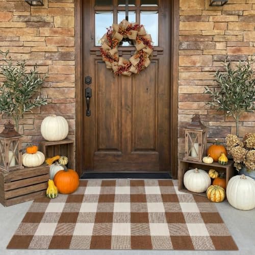 SEEKSEE Fall Decor Buffalo Plaid Outdoor Rug 27.5x43 Coffee and White Front Door Mat, Layering Rug for Porch, Fall Doormat, Front Porch Rug for Outdoor Entrance Entryway Patio Porch Decor by SEEKSEE