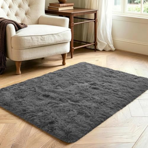 3x5 Dark Grey Fluffy Soft Area Rug Non-Slip for Bedroom Entryway - Image 3