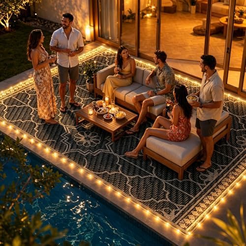 9x12Ft Outdoor Rug, Solar Powered Outdoor Rug with 131LEDs Strip Lights for House Deck, Waterproof Plastic Reversible Outdoor Straw Rugs, Rugs Mat RV Camping Patio Beach Balcony Picnic (Black Gray) - Image 4