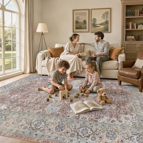 UERMEI 8x10 Area Rug for Living Room Washable Vintage Pink Brown Carpet - Image 4