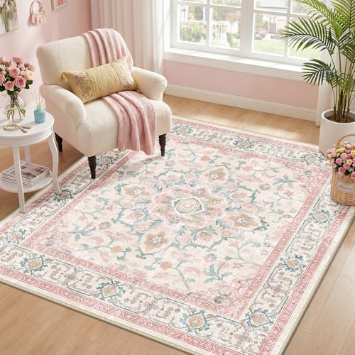 CAPALOCA Square 4ft Washable Nursery Girls Low Pile Area Rug Pink Teal by CAPALOCA