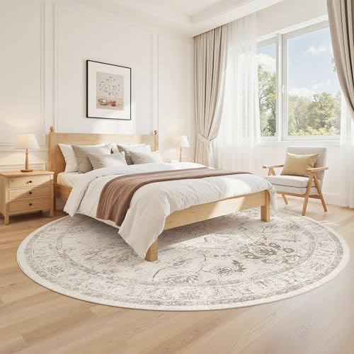 Madane Washable Round Rug 8ft for Living Room,Soft Neutral Rug Brown/Ivory - Image 3