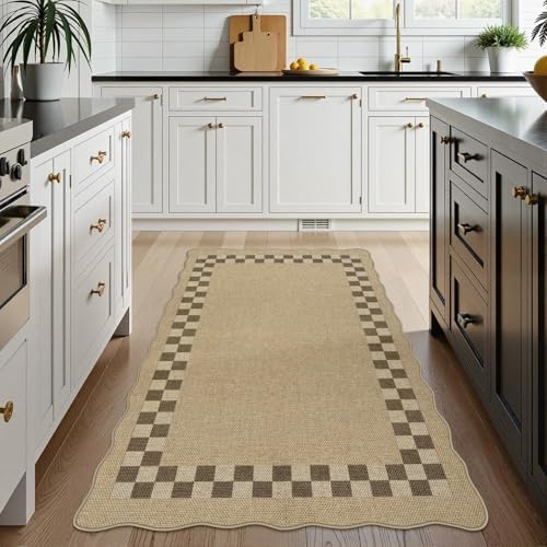 LIVEBOX Scalloped Easy Jute Checkered 3x5 Outdoor Rug, Washable Non-Slip Tan Rugs for Entryway, Geometric Indoor Outdoor Rug Farmhouse Boho Carpet Door Mat for Patio Porch Bedroom Living Room Modern - Image 2