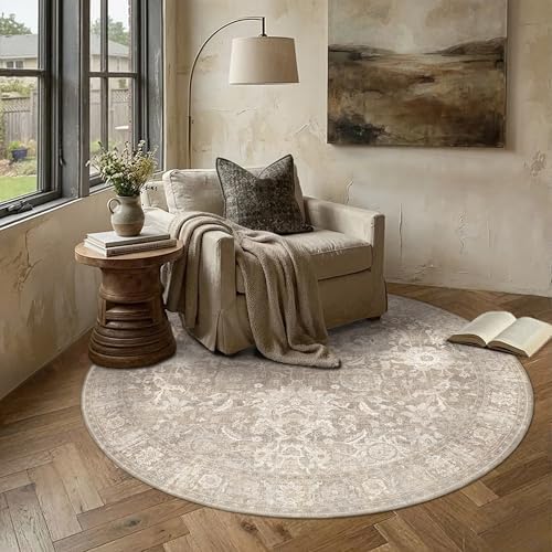 HUGEAR 5x5 Round Rugs Beige Vintage Rug for Living Room by HUGEAR