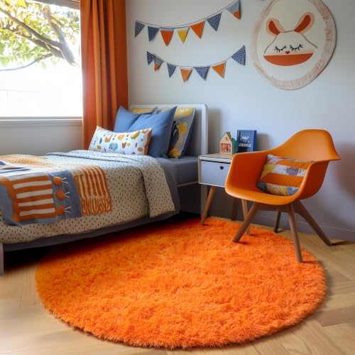 Amdrebio Orange Round Shag Kids Rug 4Ft for Bedroom Living Room Classroom - Image 3