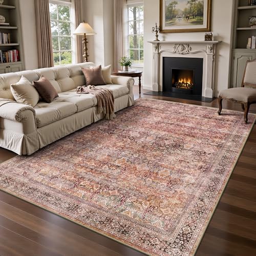 6x9 Area Rugs - Washable Vintage Retro Living Room Rug, Soft Ultra Thin Non Slip Low Pile Traditional Distressed Boho Carpet for Bedroom Dining Room Nursery Home Office, Vintage Iron Red by Yarooge