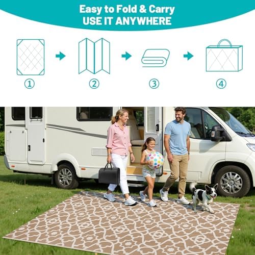 HEBE Waterproof Outdoor Rug 5'x8', Geometric Reversible Plastic Patio Rug - Image 5