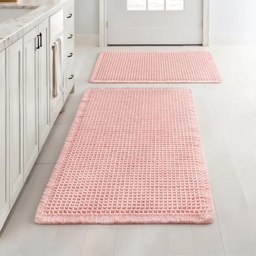 MIULEE Set of 2 Waffle Bathroom Rugs Boho Bath Mat Pink 17"x24"+18"x30" by MIULEE