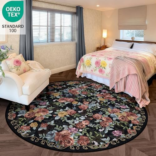 Washable 6ft Round Area Rug, Navy Boho Floral Non-Slip for Living Room - Image 3