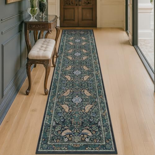 Washable 2x8 Extra Long Runners for Large Kitchen - Blue and Green Long Runner Rugs for Hallway Rugs for Entryway, Vintage Bird Low Pile Kitchen Floor Mats, Nature Leaf & Non-Slip by HazoHaus