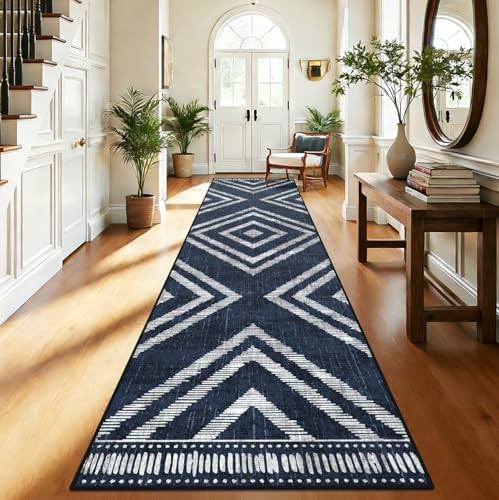 2x10Ft Boho Hallway Rug Runners Non Slip, Navy Blue Geometric Washable Kitchen Runner Rugs, Soft Thin Modern Farmhouse Entrance Floor Carpets for Entryway Doorway Bedroom Home Decor - Image 3