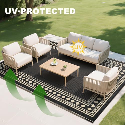 RURALITY Outdoor Rug 9x12 Waterproof for Patio Clearance,Large Plastic Straw Mat for Camping,Porch,RV,Black and Beige - Image 6