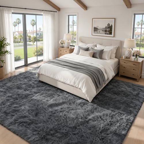 TENGTENGLINK 9x12 Fluffy Shag Area Rug Living Room Bedroom Washable Grey - Image 2