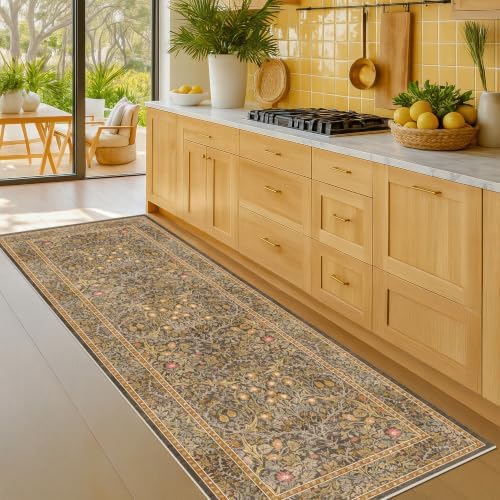 Brown 3x8 Vintage Kitchen Runner Rug Stain Resistant, Wide Washable Non Skid Long Runner Rugs for Hallway, Entryway Indoor, Non-Slip Low Pile Ultra Soft Stain Resistant Floral Carpet by HazoHaus