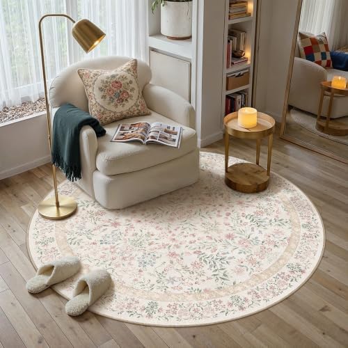 PureCozy 4ft Pink Floral Small Round Area Rug Vintage Farmhouse Style by PureCozy