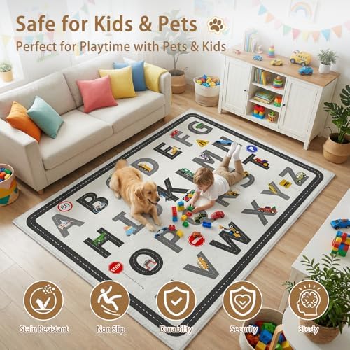 5x7 Ft ABC Alphabet Educational Area Rug for Children Girls Boys Leaning, Car Road Rug for Kids Room, Playroom, Classroom, Bedroom, Non-Slip & Soft Faux Wool Kids Carpet-Washable - Image 3