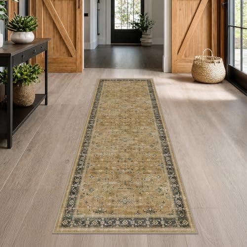 Washable Long Runners for Hallways, 3x8 Rustic Brown and Charcoal Olive Kitchen Runner Rug, Bohemian Traditional Entryway Indoor Rug, Non-Slip Stain & Fade Resistant by HazoHaus