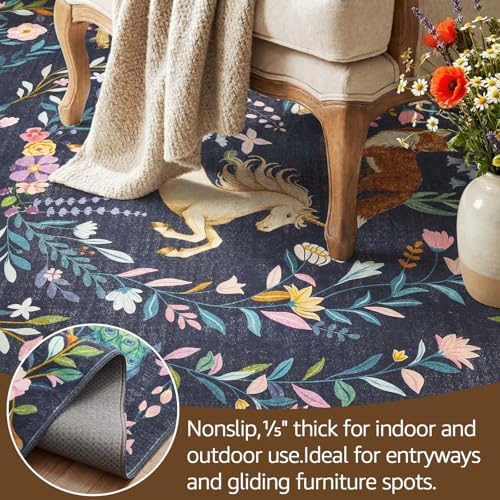 jinchan 8x10 Kids Rug Washable Playroom Rug Whimsical Unicorn, Navy Blue - Image 6