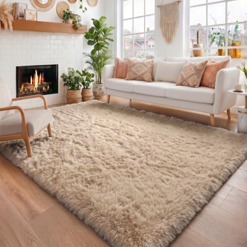 Amdrebio Beige Boho Large Fluffy Shag Area Rug 6x9 for Living Room Bedroom by Amdrebio