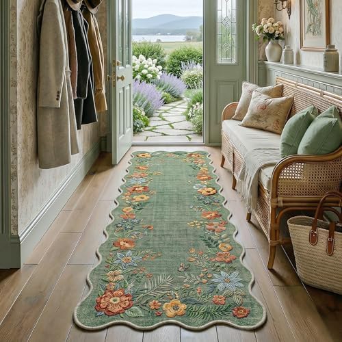FMFUNCTEX 2x8 Hallway Runner Rug Washable Sage Green Floral Scalloped Boho by Fmfunctex