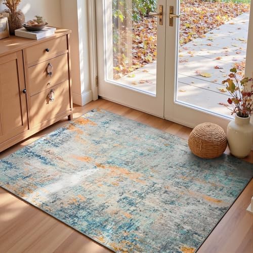 Entryway Rug 3x5 Blue Bedroom Area Rug Washable Non Slip Abstract Boho Rugs for Indoor Entry, Kitchen, Classroom, Bathroom, Kids Girls Room, Office, College Dorm Small Carpet by OmpaaHomeDecor
