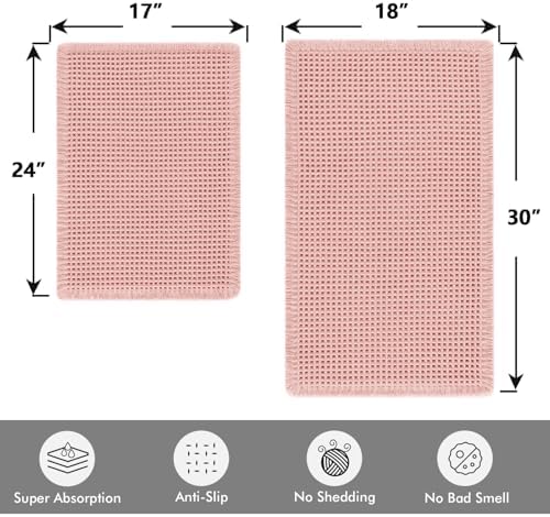 MIULEE Set of 2 Waffle Bathroom Rugs Boho Bath Mat Pink 17"x24"+18"x30" - Image 2