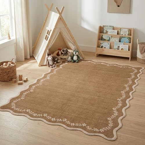 GarveeHome 4x6 Scalloped Washable Area Rug Brown Nursery Kids Bedroom Rug - Image 3