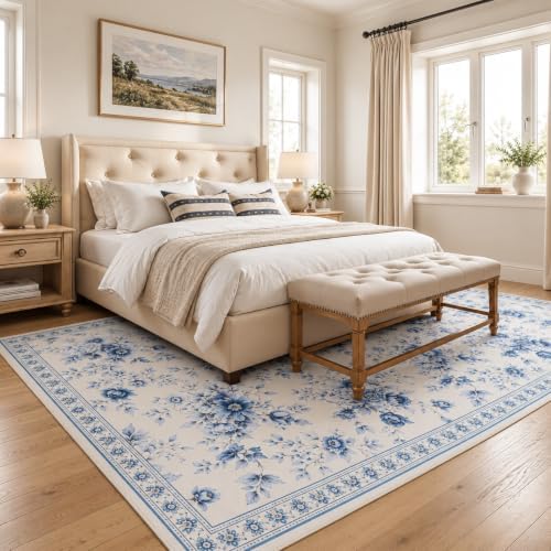 Helthep Floral Soft & Non-Slip Area Rug – Ultra-Thin Faux Cashmere, Pet-Friendly, Easy to Clean, Durable TPR Backing – Elegant Flower Pattern for Bedroom & Living Room (Light Blue/Cream, 5' x 7') - Image 4