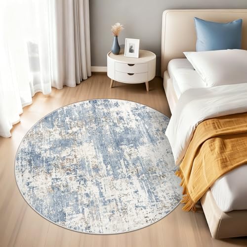 XLUEZ Round Rug 4ft for Bedroom, Washable Modern Abstract Circle Rug Neutral Soft Non Slip Kids Rug Stain Resistant Indoor Carpet for Living Room Nursery Playroom Dorm Girls Boys Room(Blue, 4' Round) - Image 4