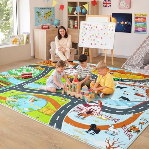 Car Rug Play Mat for Kids Toy Cars, 7x9 Town Country Barn Track Area Rug by Awaytail