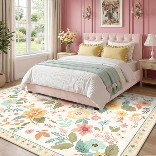 RELEANY Floral Washable 8x10 Area Rugs Beige/White/Orange - Image 2