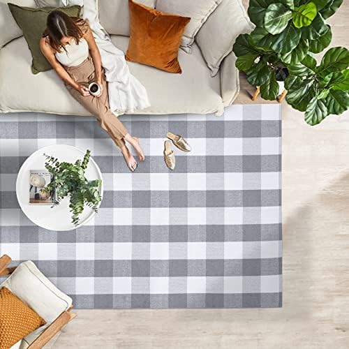 IOHOUZE 4x6 Buffalo Plaid Outdoor Rug, Washable Front Porch, Grey White - Image 4