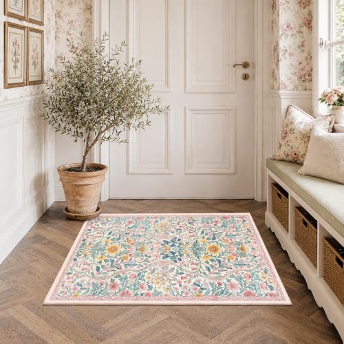 Floral 2x3 Entryway Rug Washable Doormat Indoor Throw Rug, Pink - Image 2