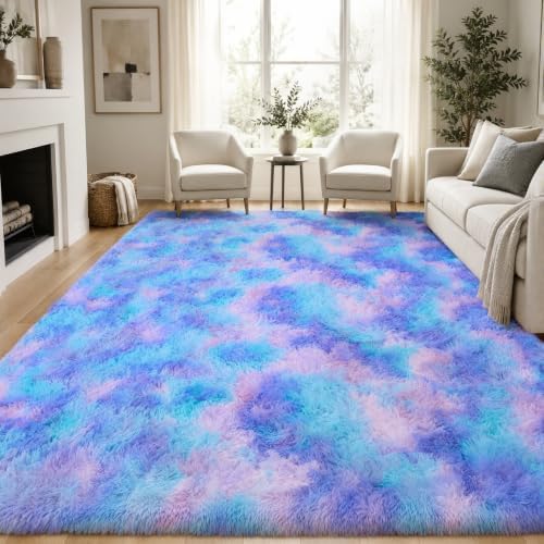 PLHXFR 8x10 Area Rugs Living Room: Fluffy Bedroom Soft Shag Rug Kid Rainbow by PLHXFRSoftAreaRugs