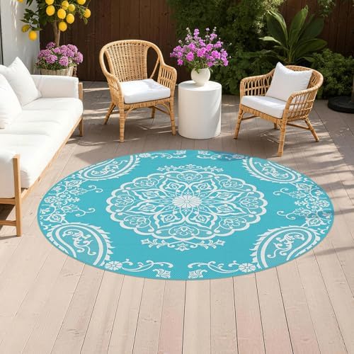 Pauwer Outdoor Rug 6ft, Waterproof Plastic Straw Camping Rug, Boho Teal by Pauwer