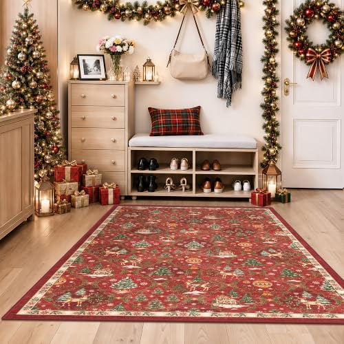 3x5 Christmas Non-Slip Area Rug, Red Washable Vintage Entryway Rug - Image 3