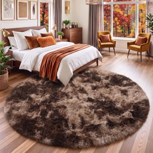 Amdrebio Brown Tan Round Fluffy Kids Area Rug 5Ft for Bedroom Living Room - Image 3