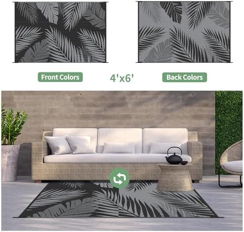 GENIMO Outdoor Rug, Waterproof Plastic Rugs for Patio, 4'x6' Black Grey - Image 2