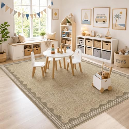 GarveeHome Washable Rugs 5x7 Rug for Living Room, Scalloped 5 x 7 Rug Solid Tan Jute Digital Printing Modern Low-Pile Carpet for Bedroom Dining Nursery Non Slip Mat with Rubber Back - Image 4