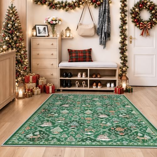 3x5 Christmas Non-Slip Area Rug, Green Washable Vintage Entryway Rug - Image 4