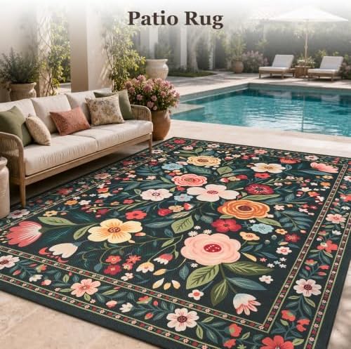 PADOOR Outdoor Rug 8x10 ft, Floral Washable Indoor Outdoor Area Rug, Flat‑Woven with Quick Dry Patio Carpet, Fade & Shed Resistant, Non‑Slip for Patio Deck Backyard Porch Living Room, Charcoal Grey - Image 7
