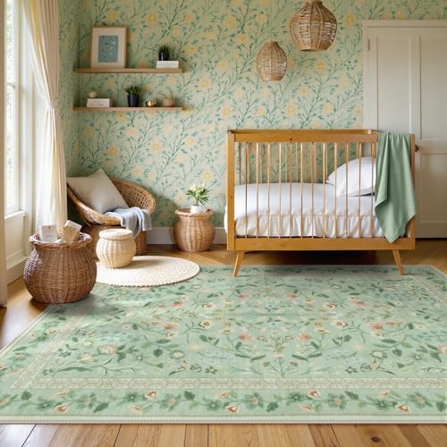 Lahome Floral Washable Area Rugs 8x10, Non-Slip Living Room Carpet Soft Tumble Washable Rugs for Bedroom Nursery, Vintage Botanical Print Carpet for Classroom Kids Room Dining Room, Sage - Image 2