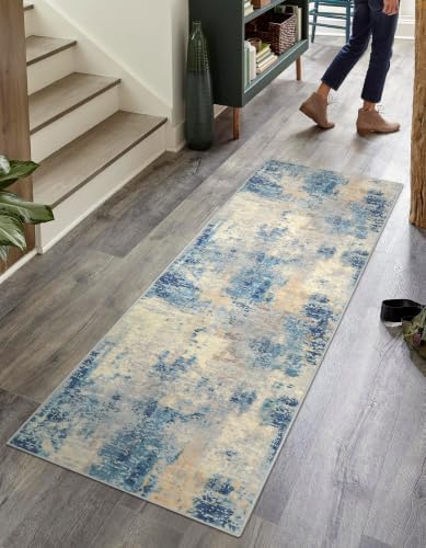 Lahome Modern Abstract Blue Bathroom Rug, 2x6 Washable Long Hallway Rug Soft Non Slip Blue Floor Accent Carpet Runner for Entryway Kitchen Laundry Room Doorway Bedroom - Image 4