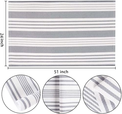 Grey and White Outdoor Rug 24"x51"Cotton Washable Striped Front Porch Rug - Image 2