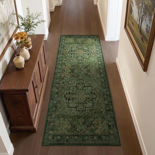 Dark Green 3x6 Runner Rug Non Slip, Washable Thin Kitchen Runner, Vintage Distressed Medallion Carpet Runners for Hallway 6ft Indoor Entryway/Bedroom/Foyer/Laundry Room/Bathroom - Image 4