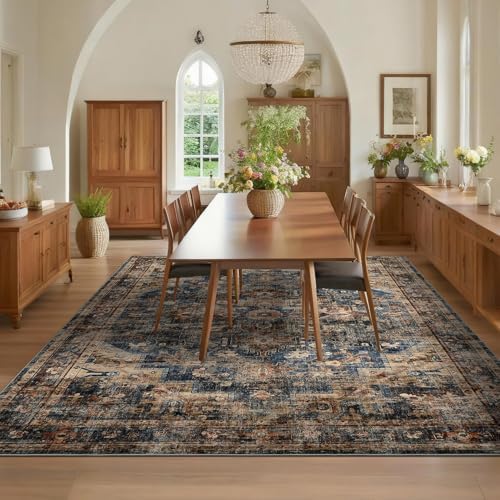 GarveeHome 10x13 Washable Vintage Living Room Blue&Brown Area Rug - Image 3