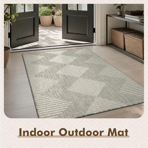 MontVoo-3x5 Outdoor Rug Porch Entryway Rug-Polypropylene Indoor Outdoor Rugs for Entryway Kitchen Balcony Patio, Textured Weave, Durable, Fade-Resistant, Non-Shedding, Boho Geometric Neutral Grey - Image 3